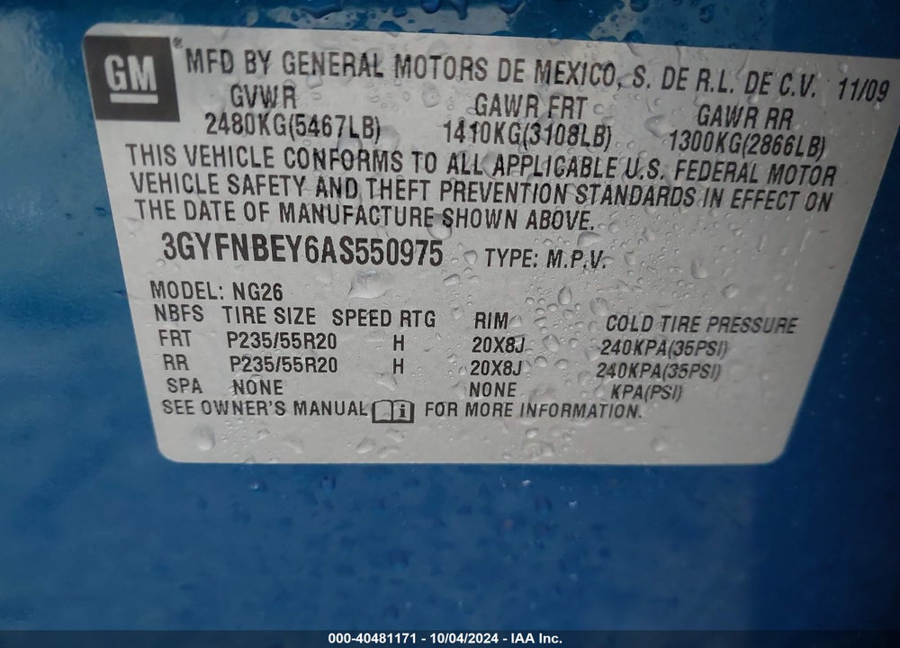 2010 CADILLAC SRX PERFORMANCE COLLECTION VIN: 3GYFNBEY6AS550975