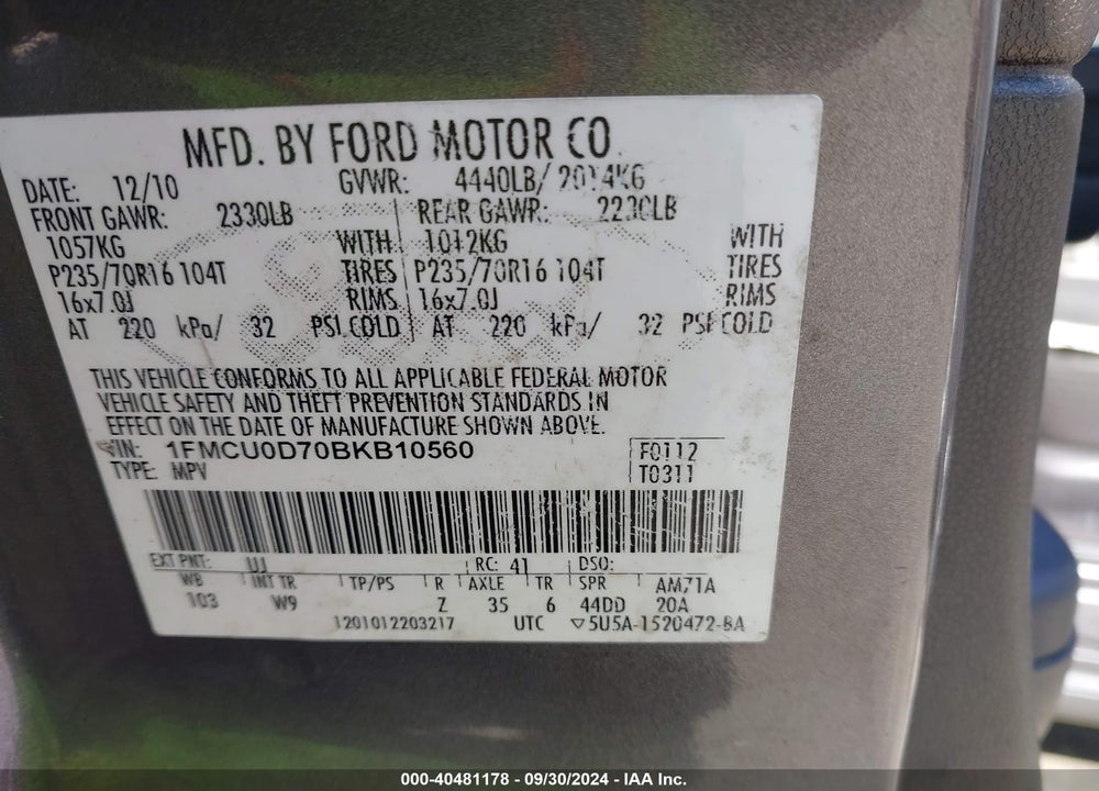 2011 FORD ESCAPE XLT VIN: 1FMCU0D70BKB10560
