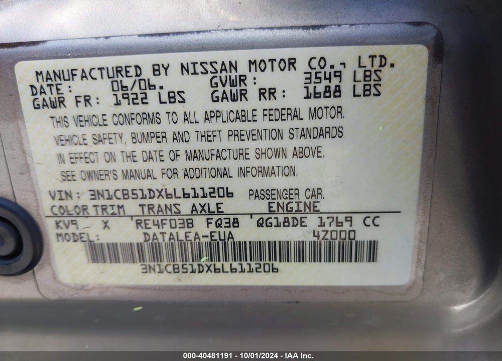 2006 NISSAN SENTRA 1.8S VIN: 3N1CB51DX6L611206