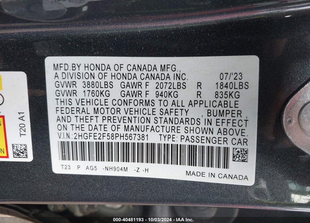 2023 HONDA CIVIC SPORT VIN: 2HGFE2F58PH567381
