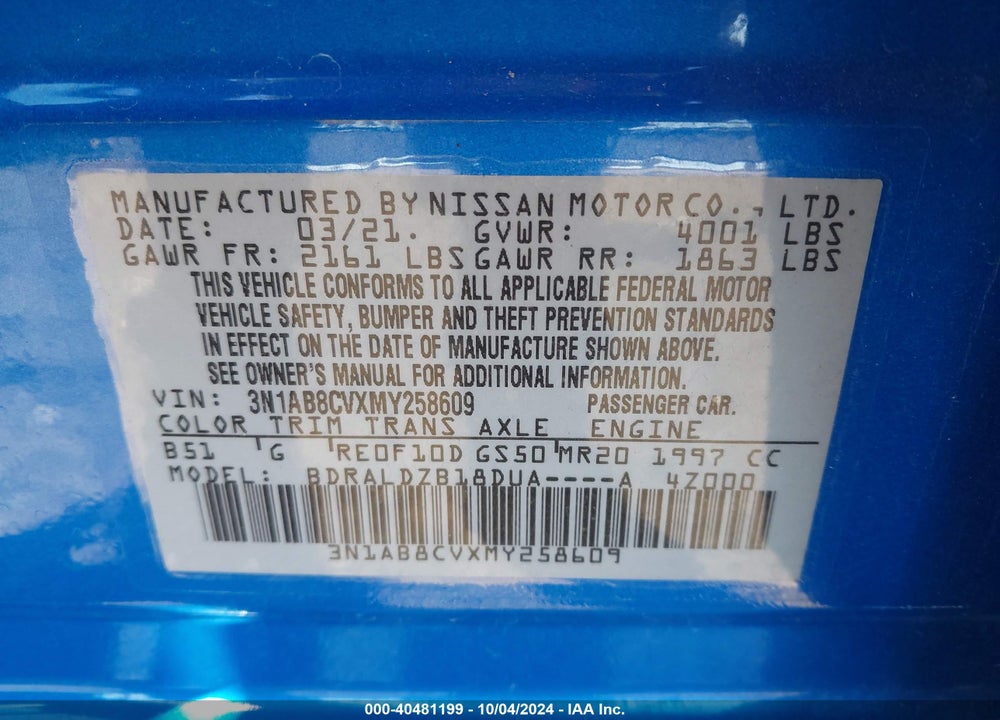 2021 NISSAN SENTRA SV XTRONIC CVT VIN: 3N1AB8CVXMY258609