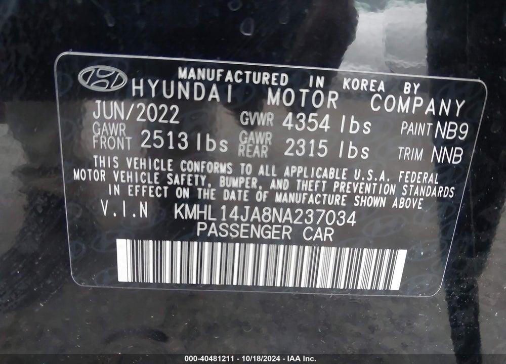 2022 HYUNDAI SONATA VIN: KMHL14JA8NA237034
