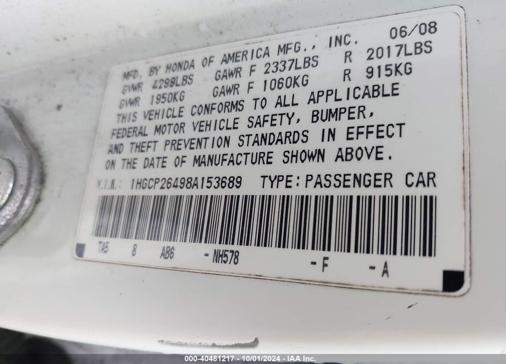 2008 HONDA ACCORD 2.4 LX-P VIN: 1HGCP26498A153689