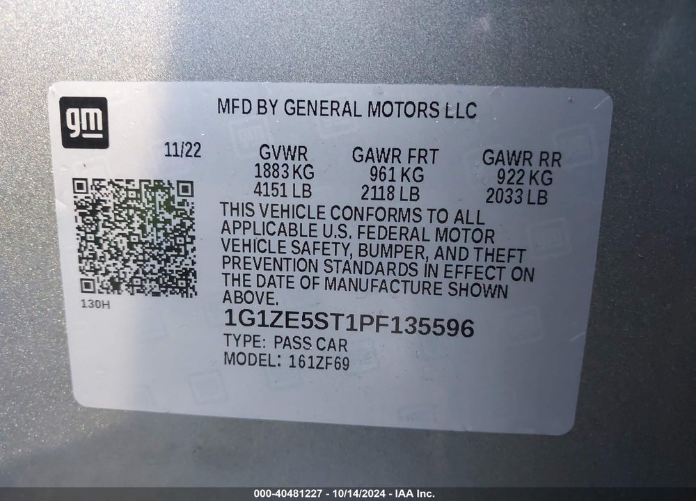 2023 CHEVROLET MALIBU FWD 2LT VIN: 1G1ZE5ST1PF135596
