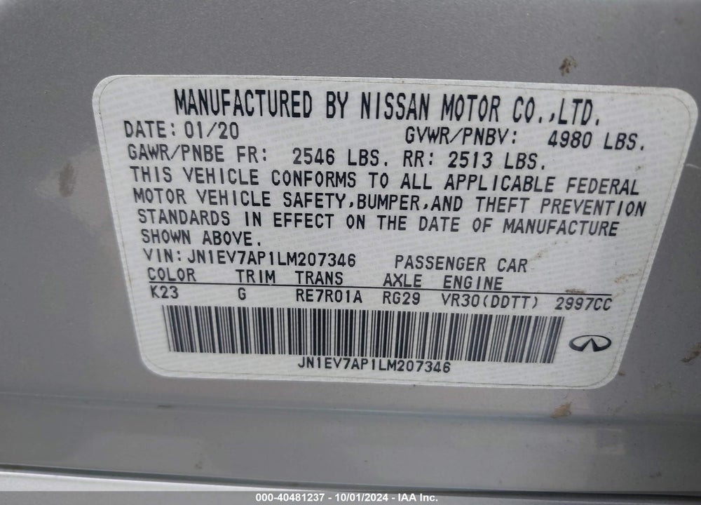2020 INFINITI Q50 LUXE VIN: JN1EV7AP1LM207346