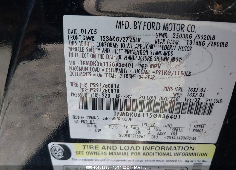 2005 FORD FREESTYLE LIMITED VIN: 1FMDK06115GA36401