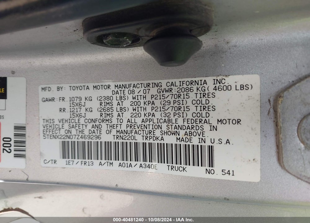 2007 TOYOTA TACOMA VIN: 5TENX22N07Z469296