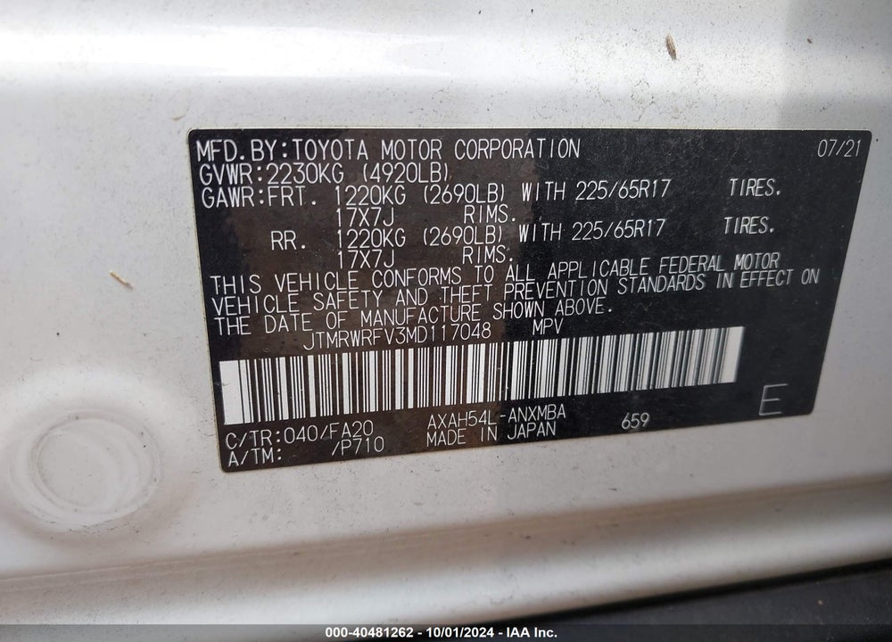 2021 TOYOTA RAV4 VIN: JTMRWRFV3MD117048