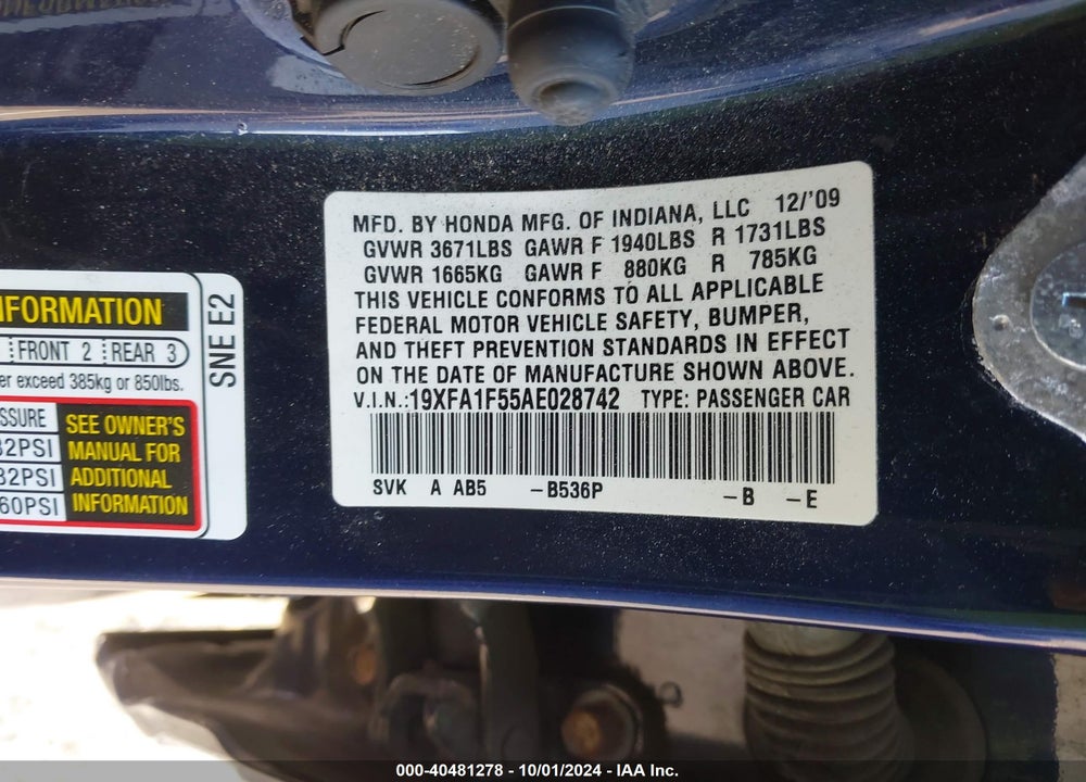 2010 HONDA CIVIC LX VIN: 19XFA1F55AE028742