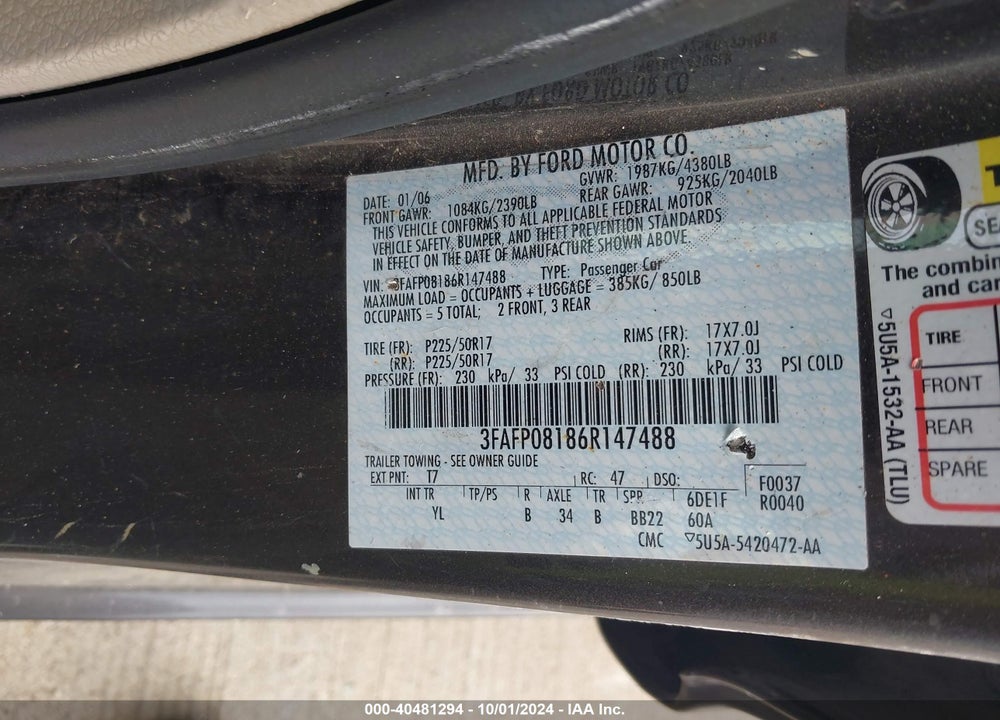 2006 FORD FUSION SEL VIN: 3FAFP08186R147488