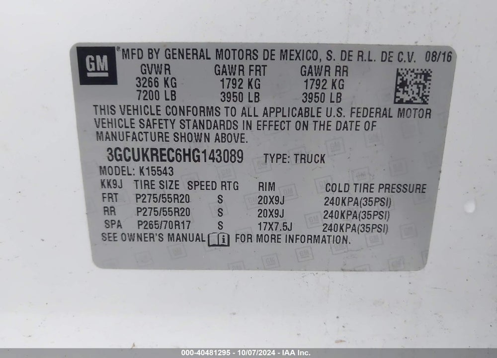 2017 CHEVROLET SILVERADO 1500 1LT VIN: 3GCUKREC6HG143089