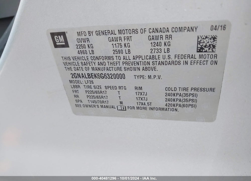 2016 CHEVROLET EQUINOX LS VIN: 2GNALBEK6G6320000