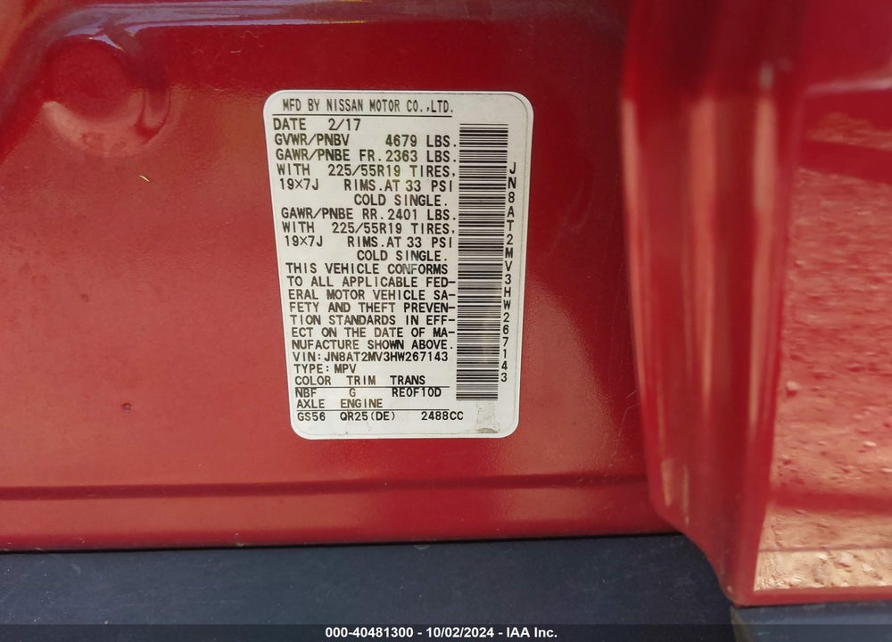 2017 NISSAN ROGUE SL VIN: JN8AT2MV3HW267143