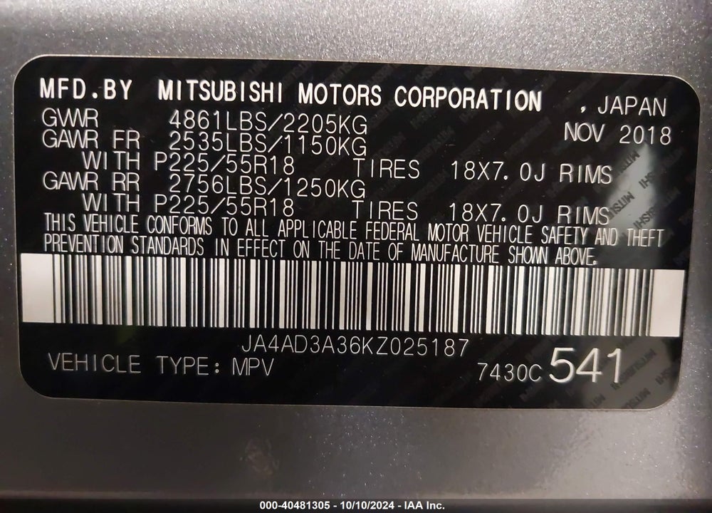 2019 MITSUBISHI OUTLANDER LE VIN: JA4AD3A36KZ025187