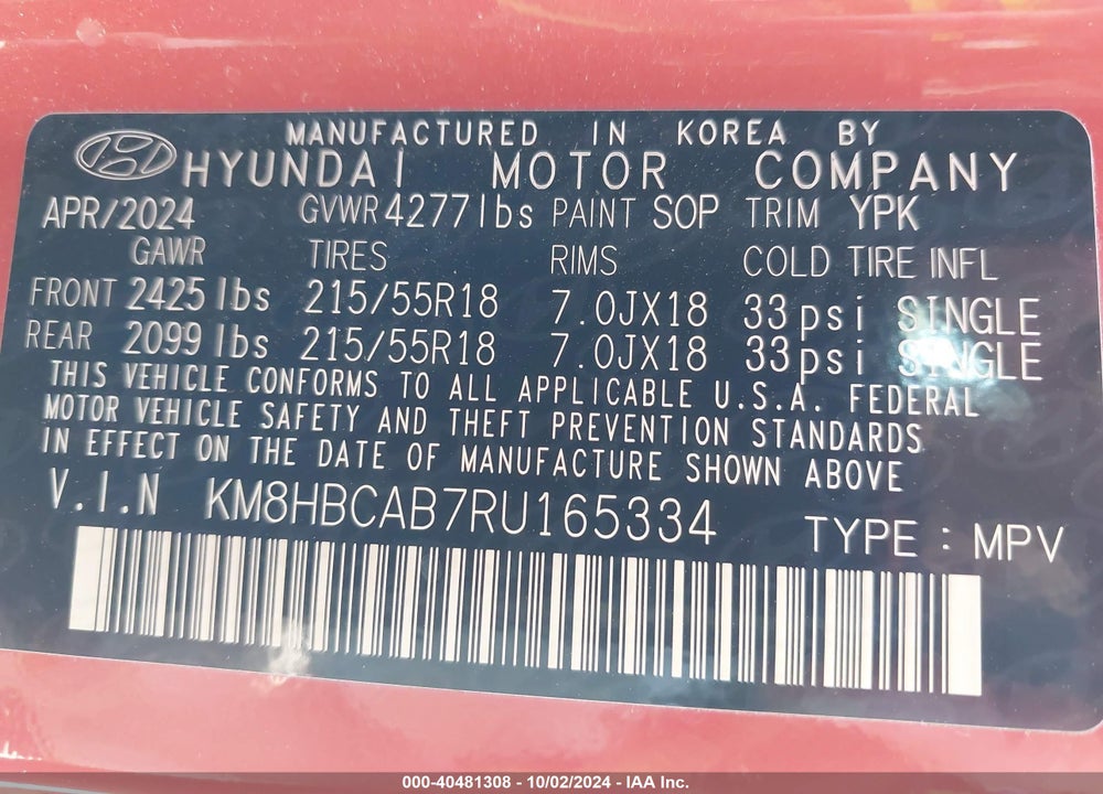 2024 HYUNDAI KONA SEL VIN: KM8HBCAB7RU165334