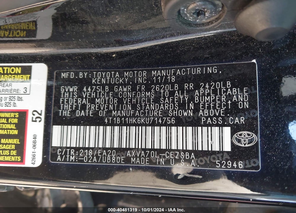 2019 TOYOTA CAMRY SE VIN: 4T1B11HK6KU714756