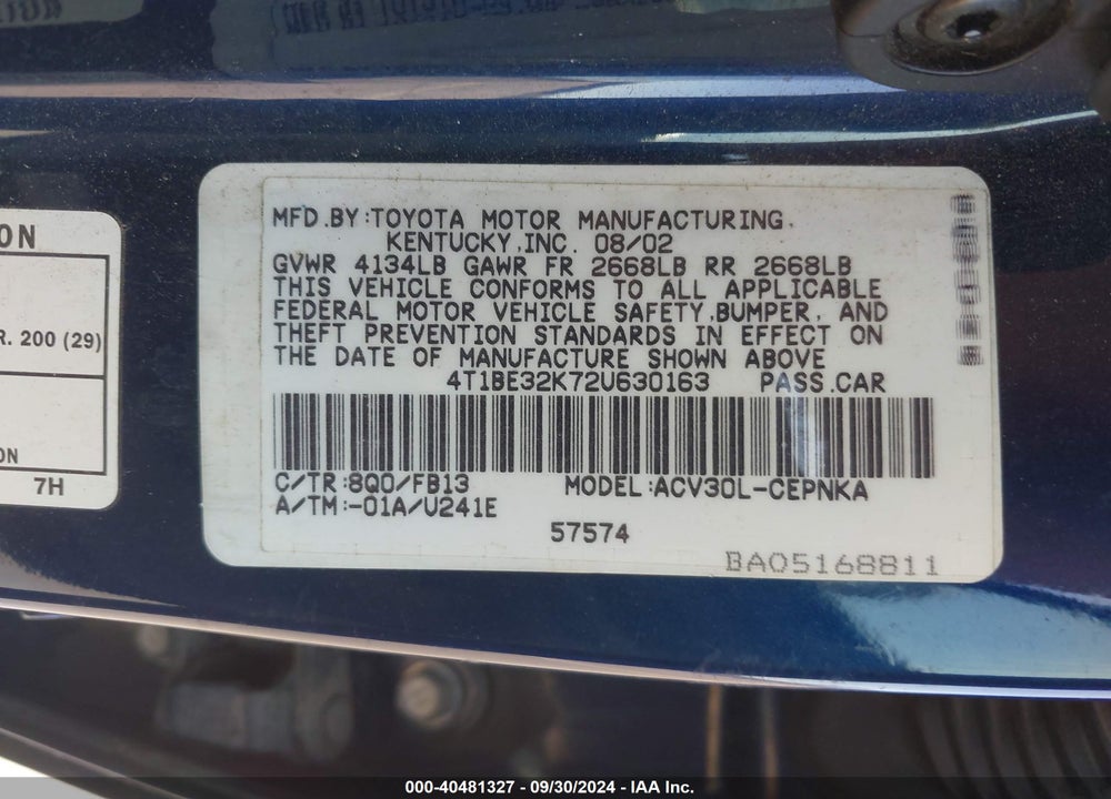 2002 TOYOTA CAMRY LE VIN: 4T1BE32K72U630163