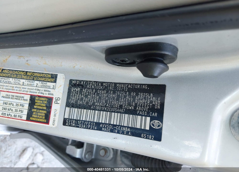 2012 TOYOTA CAMRY HYBRID LE VIN: 4T1BD1FK2CU054467