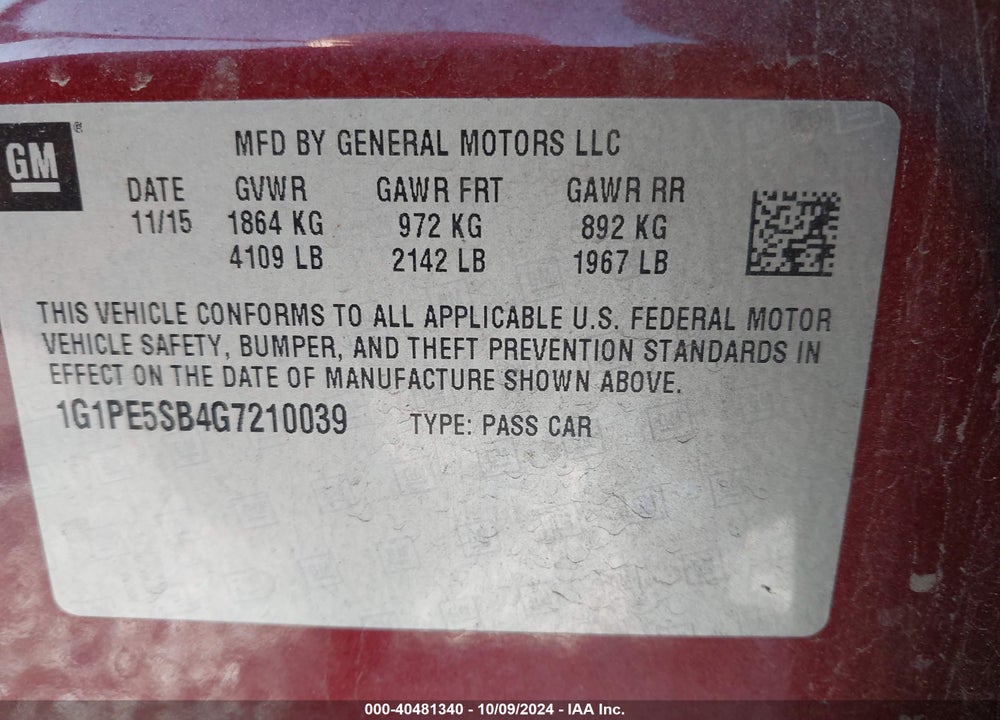 2016 CHEVROLET CRUZE LIMITED 1LT AUTO VIN: 1G1PE5SB4G7210039