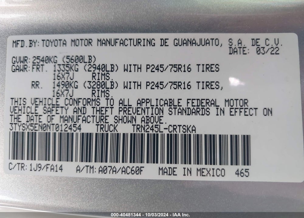 2022 TOYOTA TACOMA SR VIN: 3TYSX5EN0NT012454