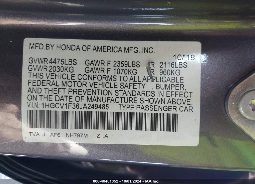 2018 HONDA ACCORD SPORT VIN: 1HGCV1F36JA249485