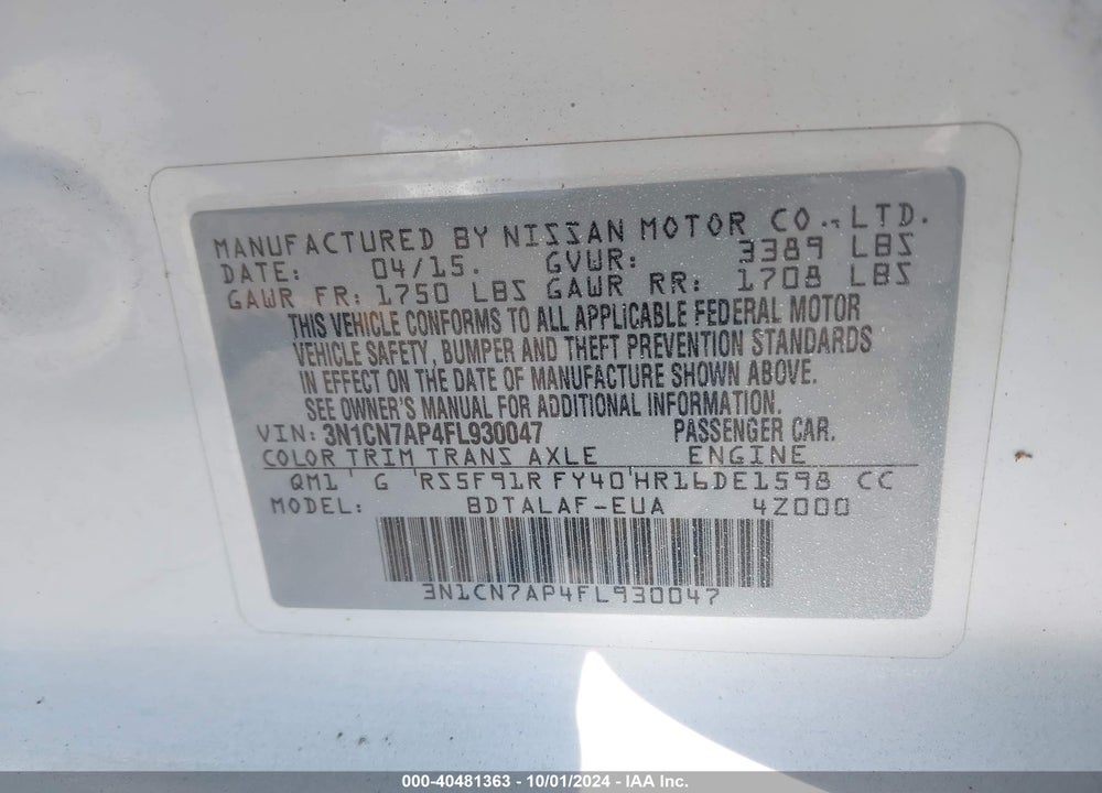 2015 NISSAN VERSA 1.6 S+ VIN: 3N1CN7AP4FL930047