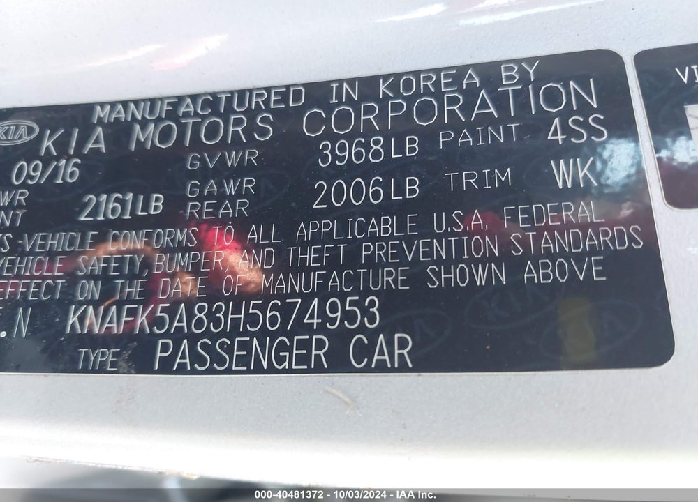 2017 KIA FORTE LX VIN: KNAFK5A83H5674953