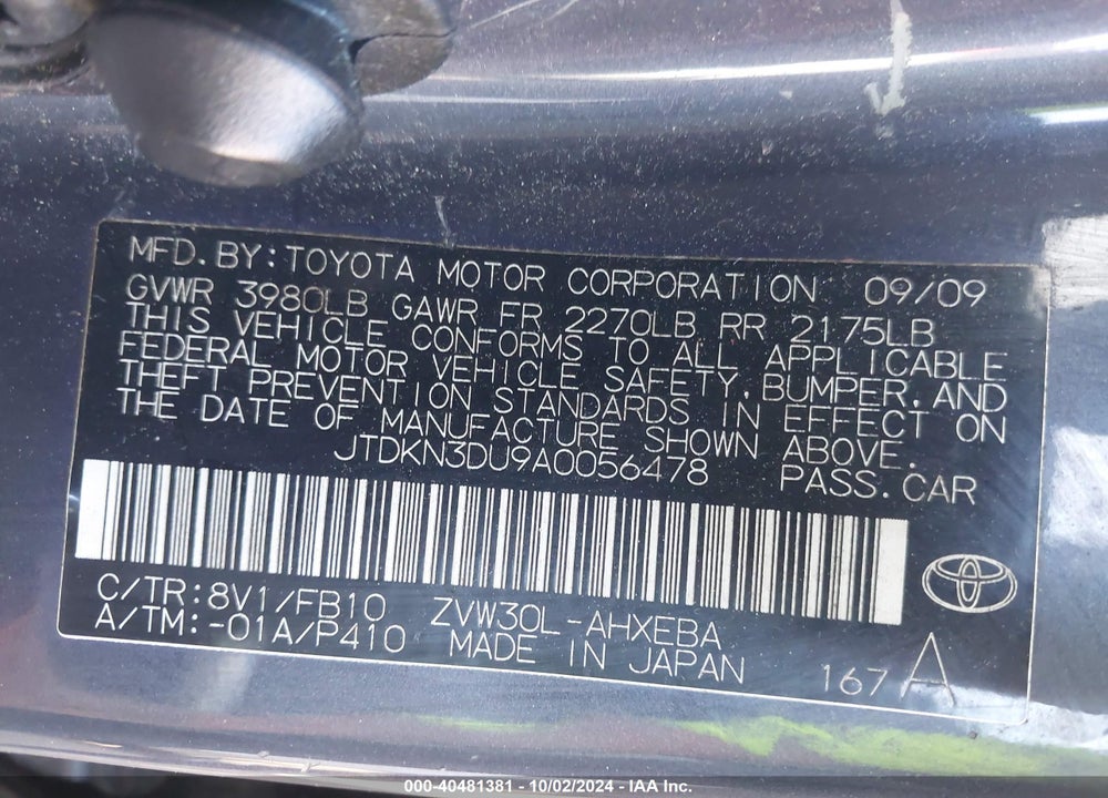 2010 TOYOTA PRIUS II VIN: JTDKN3DU9A0056478