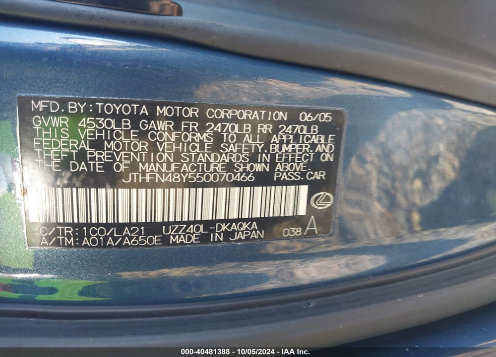 2005 LEXUS SC 430 VIN: JTHFN48Y550070466