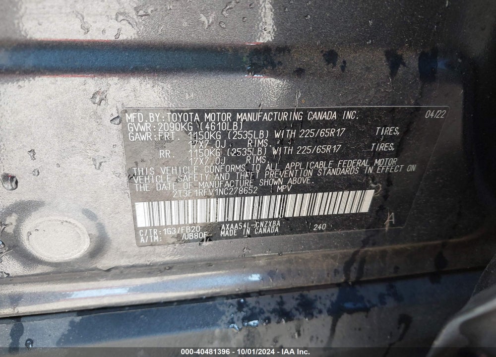 2022 TOYOTA RAV4 VIN: 2T3F1RFV1NC278652