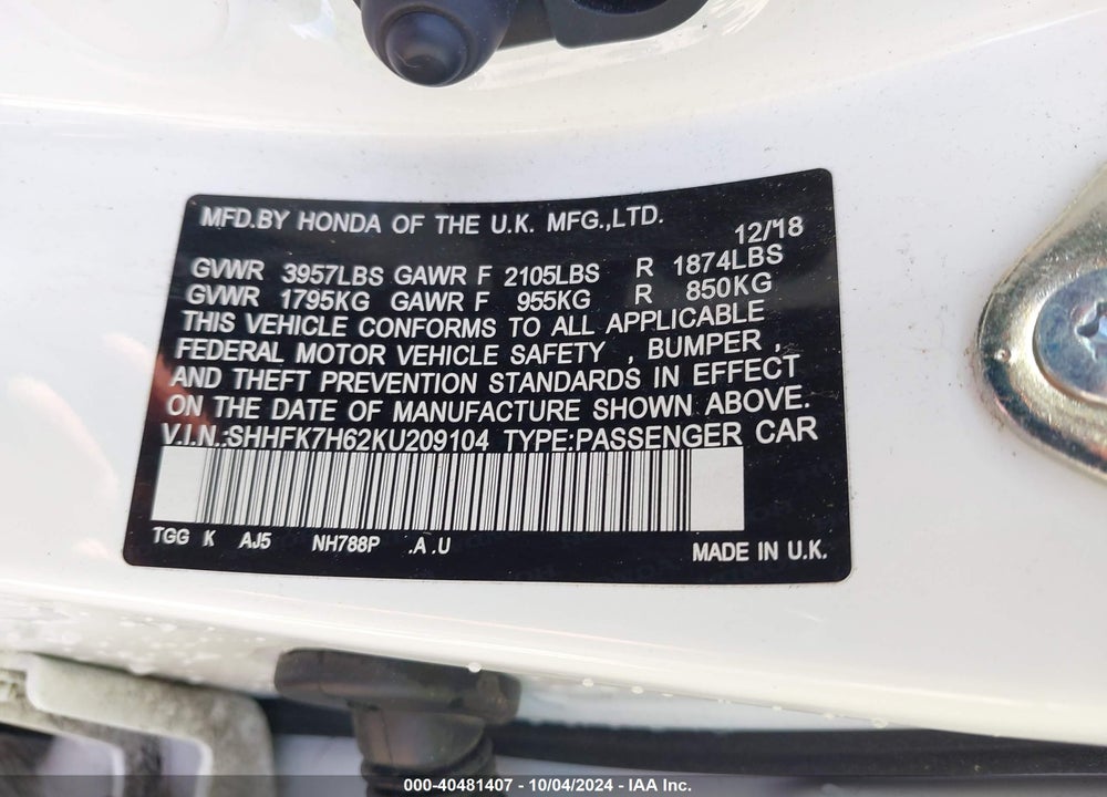 2019 HONDA CIVIC EX VIN: SHHFK7H62KU209104