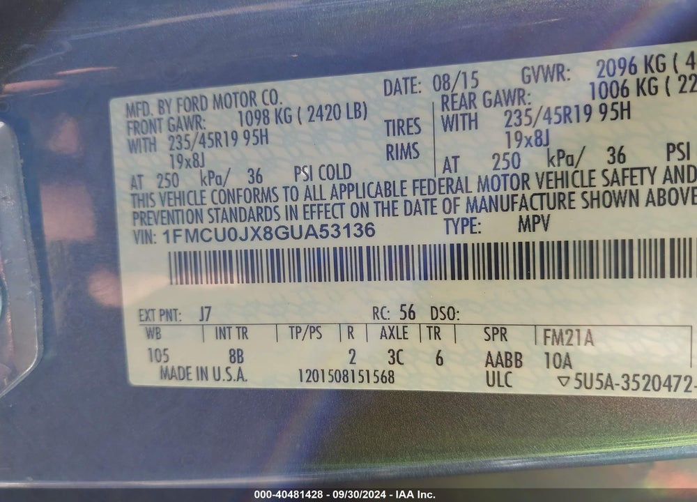 2016 FORD ESCAPE TITANIUM VIN: 1FMCU0JX8GUA53136