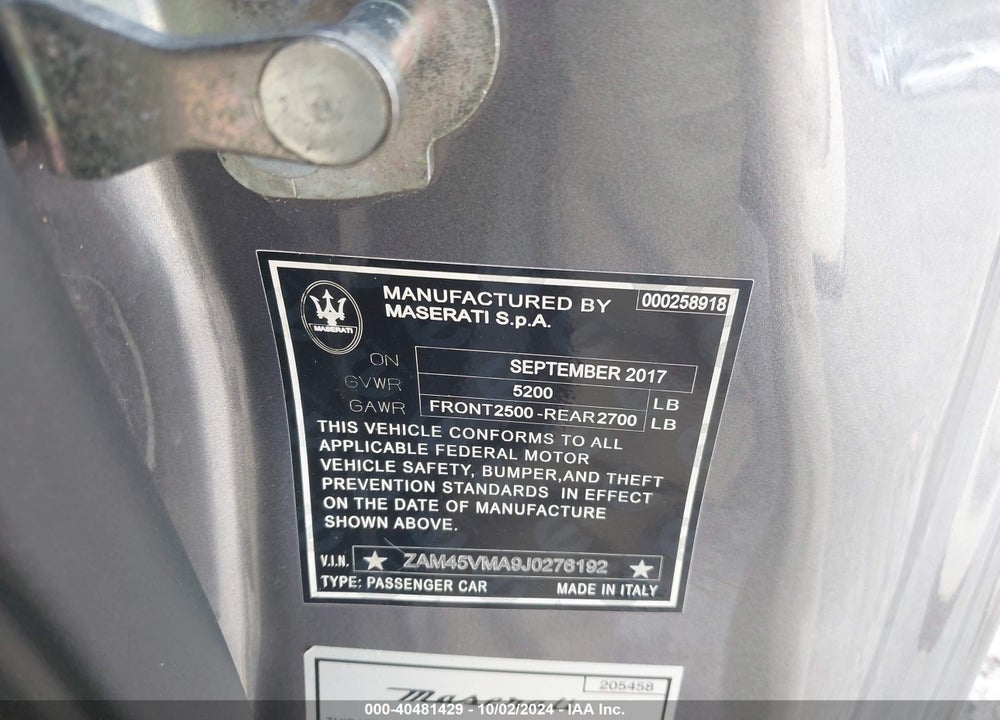 2018 MASERATI GRANTURISMO MC/SPORT VIN: ZAM45VMA9J0276192