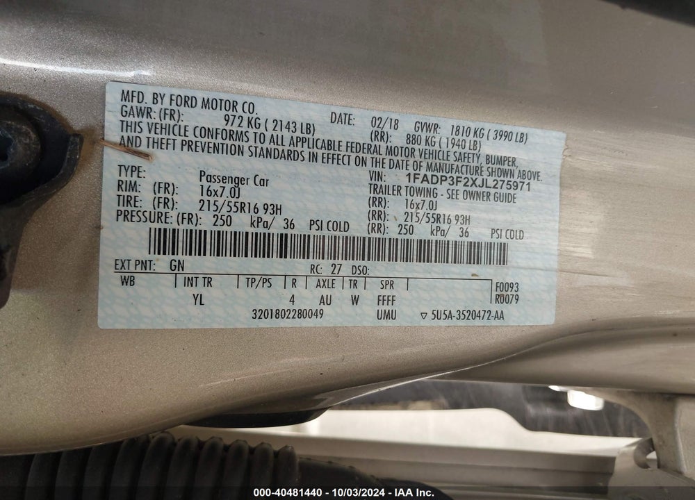 2018 FORD FOCUS SE VIN: 1FADP3F2XJL275971