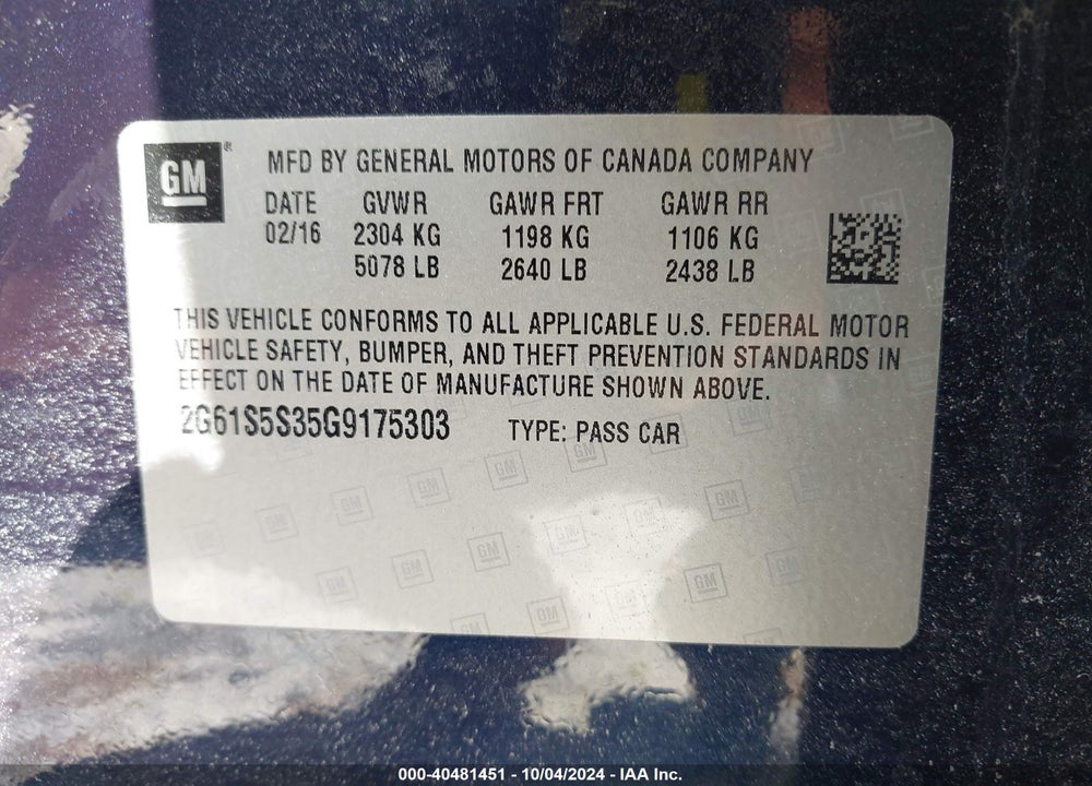 2016 CADILLAC XTS PLATINUM VIN: 2G61S5S35G9175303
