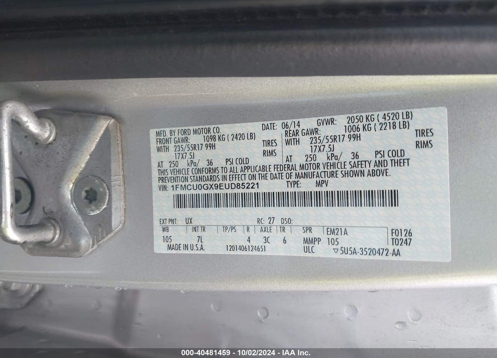 2014 FORD ESCAPE SE VIN: 1FMCU0GX9EUD85221