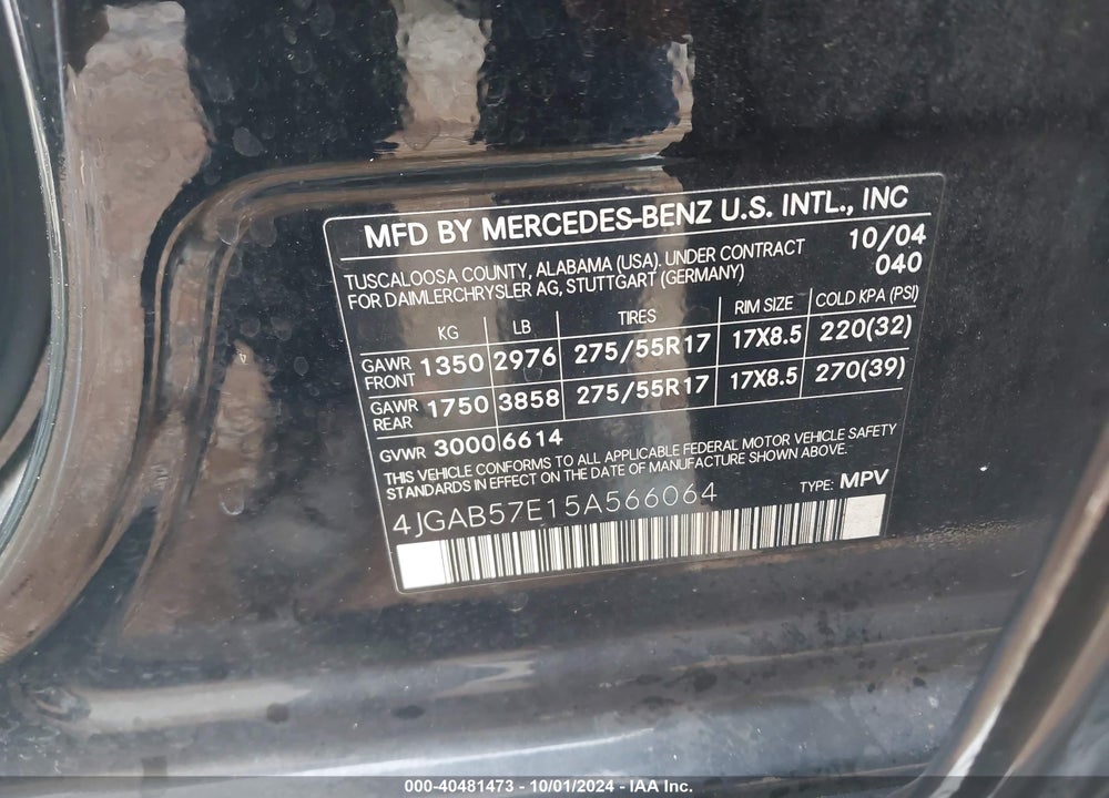 2005 MERCEDES-BENZ ML 350 4MATIC VIN: 4JGAB57E15A566064