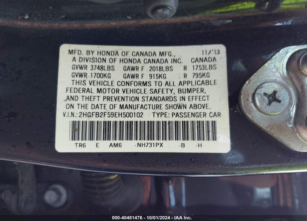 2014 HONDA CIVIC LX VIN: 2HGFB2F59EH500102