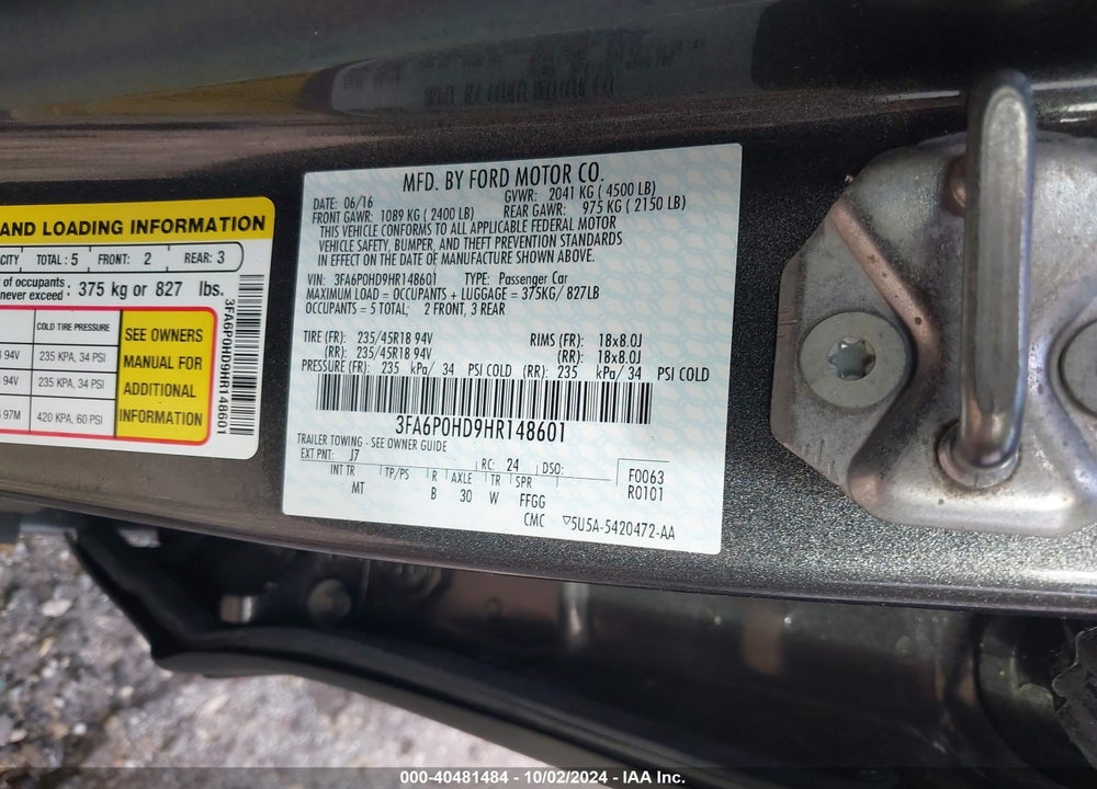 2017 FORD FUSION SE VIN: 3FA6P0HD9HR148601