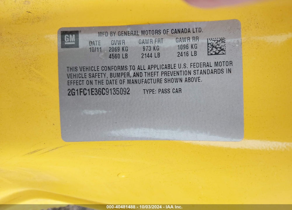 2012 CHEVROLET CAMARO 2LT VIN: 2G1FC1E36C9135092