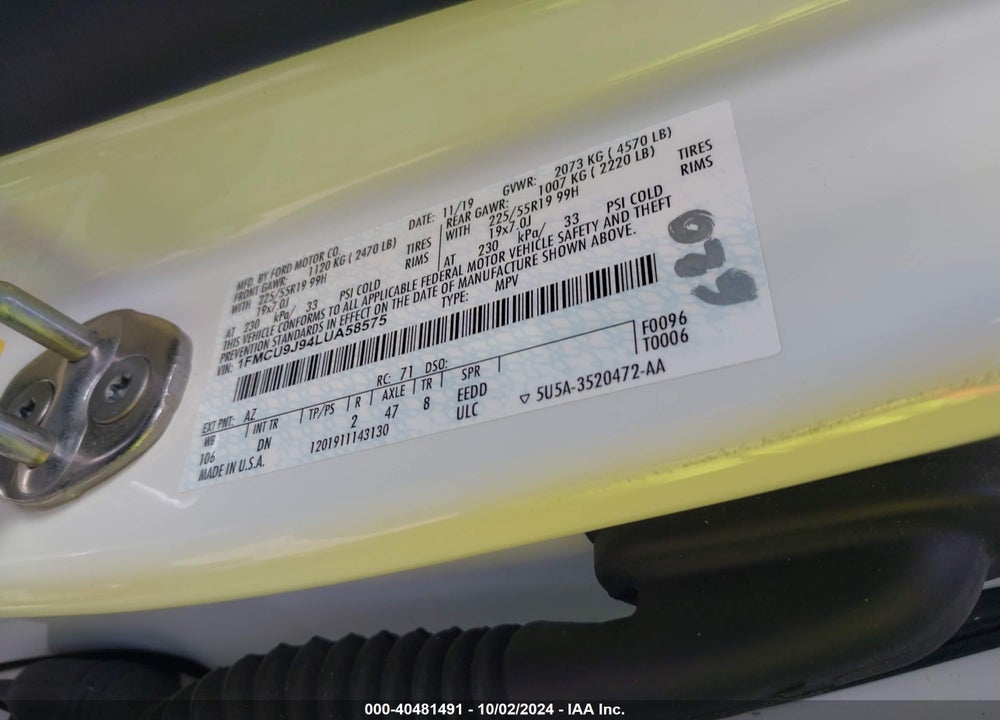 2020 FORD ESCAPE TITANIUM VIN: 1FMCU9J94LUA58575