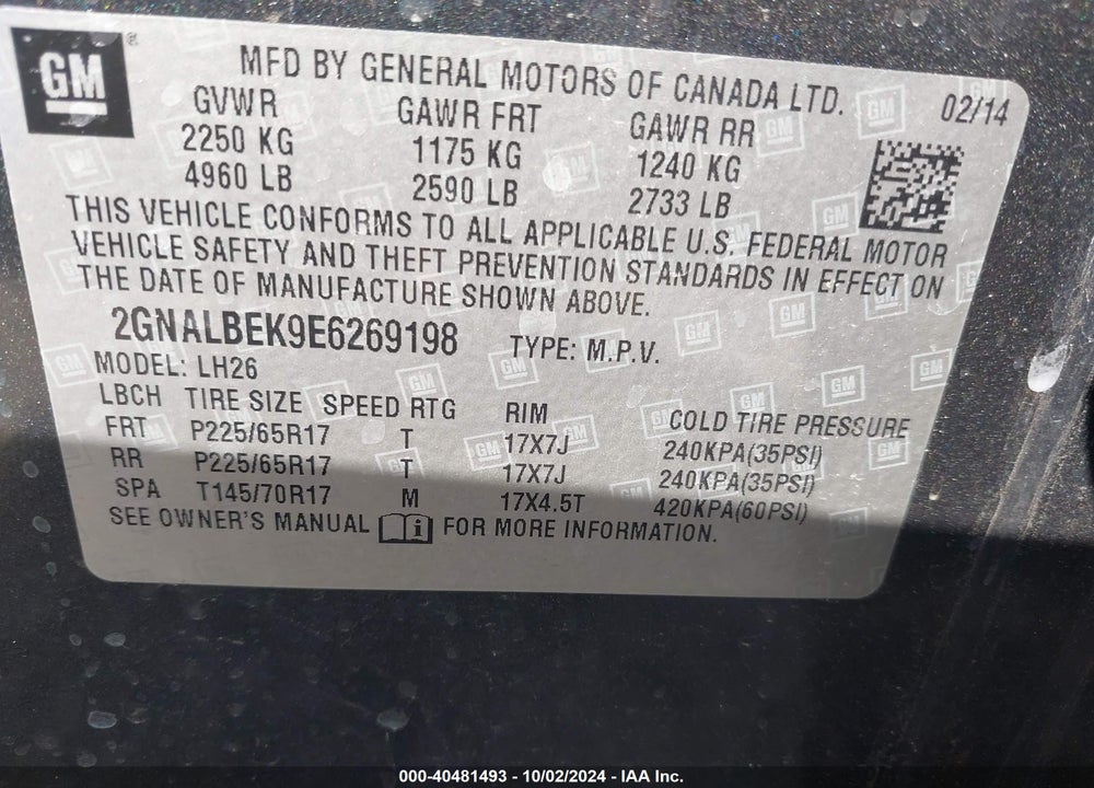 2014 CHEVROLET EQUINOX 1LT VIN: 2GNALBEK9E6269198
