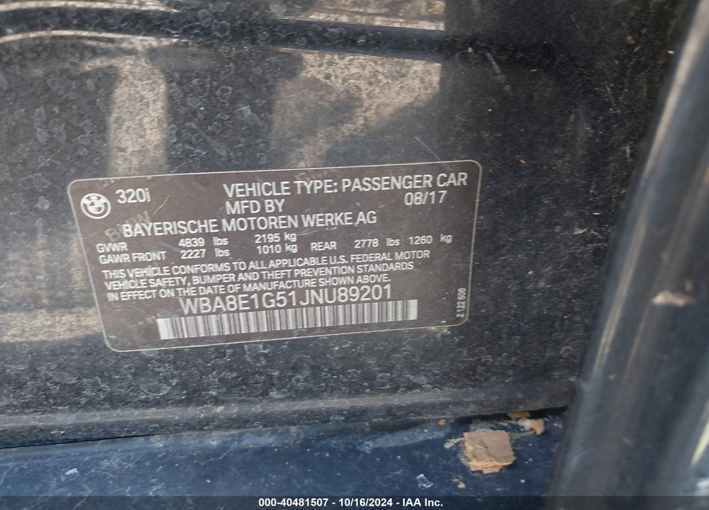 2018 BMW 320I VIN: WBA8E1G51JNU89201