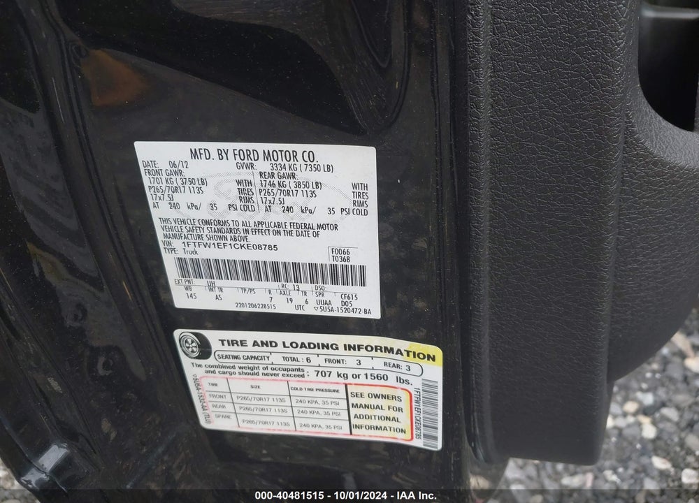 2012 FORD F-150 XL VIN: 1FTFW1EF1CKE08785