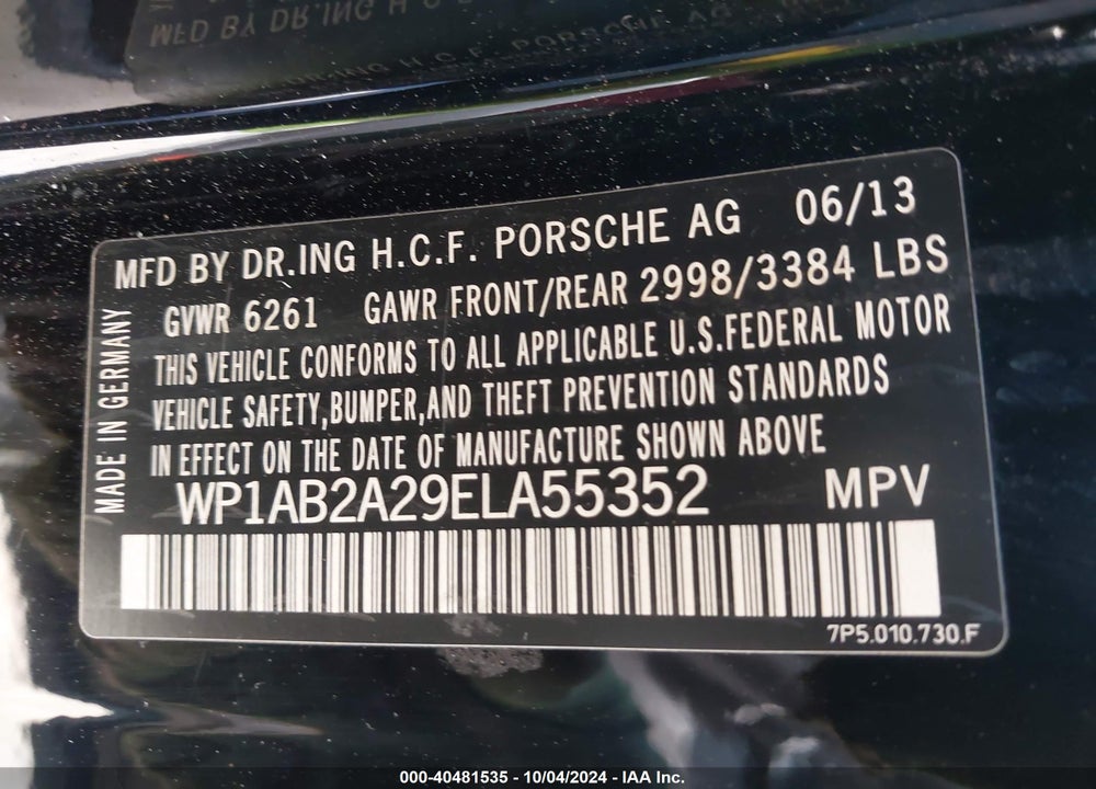 2014 PORSCHE CAYENNE S VIN: WP1AB2A29ELA55352
