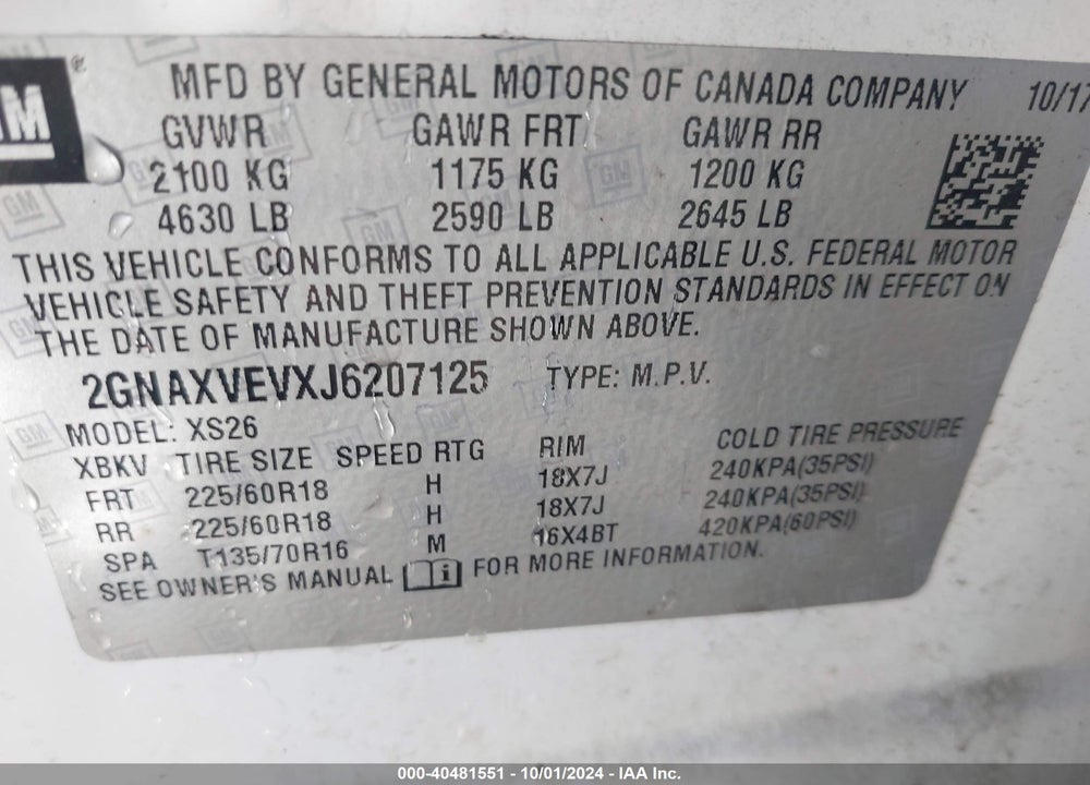 2018 CHEVROLET EQUINOX PREMIER VIN: 2GNAXVEVXJ6207125