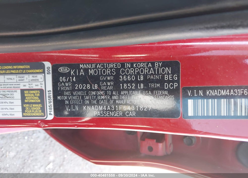 2015 KIA RIO LX VIN: KNADM4A31F6431827