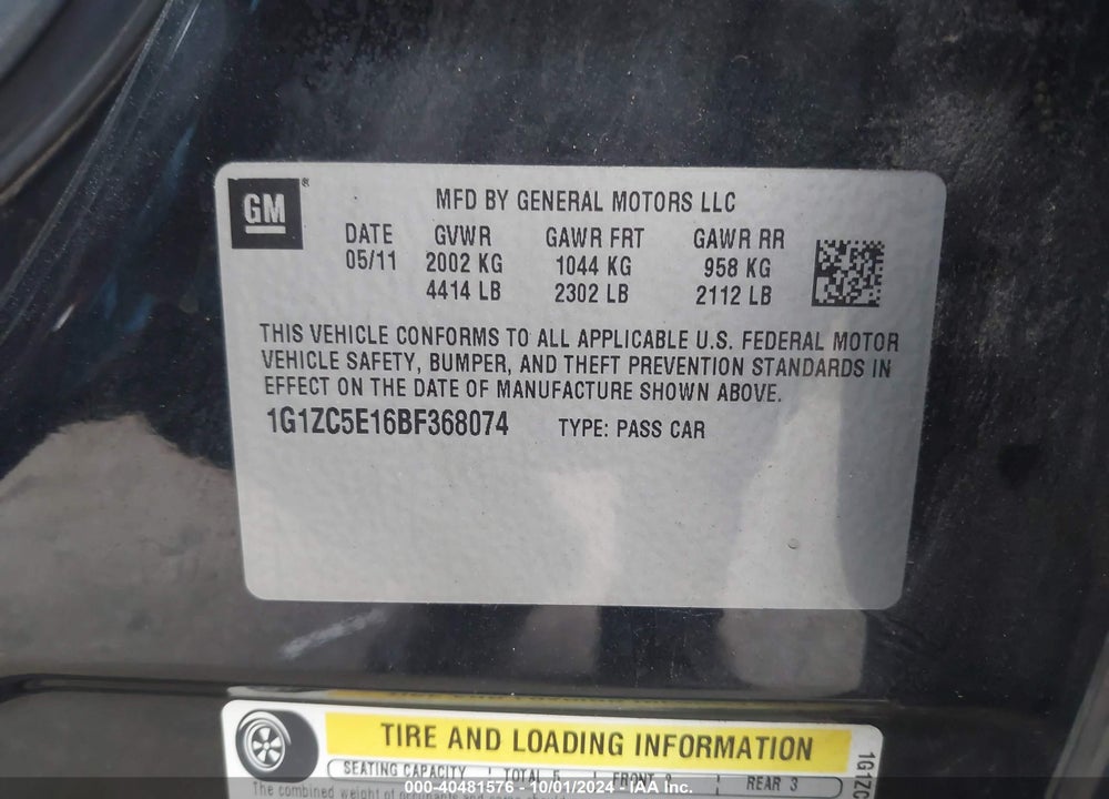 2011 CHEVROLET MALIBU 1LT VIN: 1G1ZC5E16BF368074