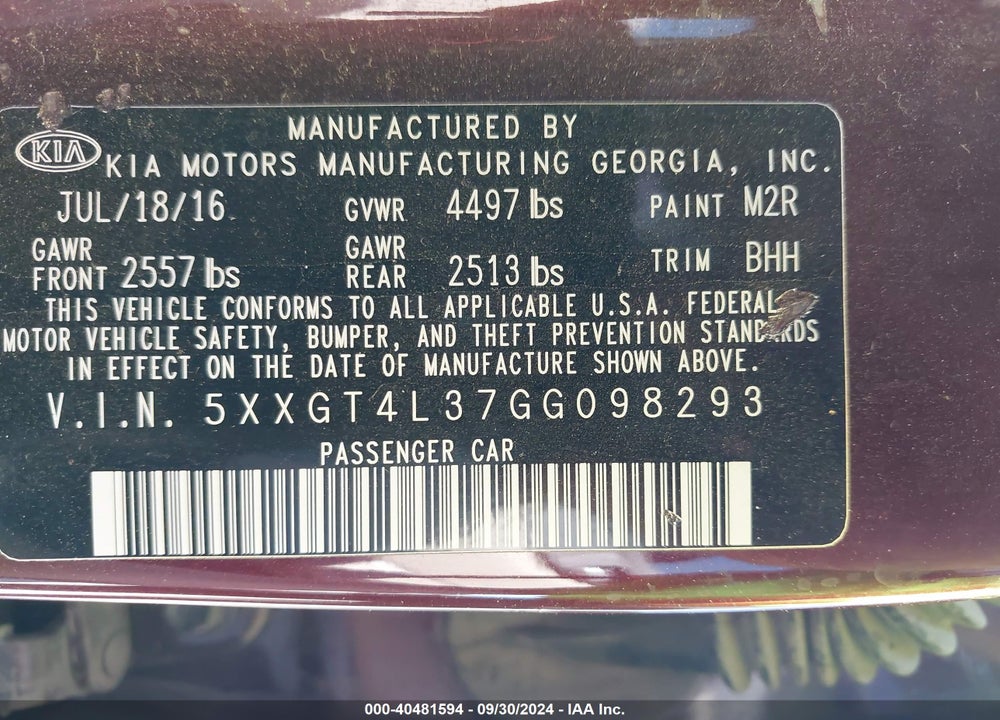 2016 KIA OPTIMA LX VIN: 5XXGT4L37GG098293