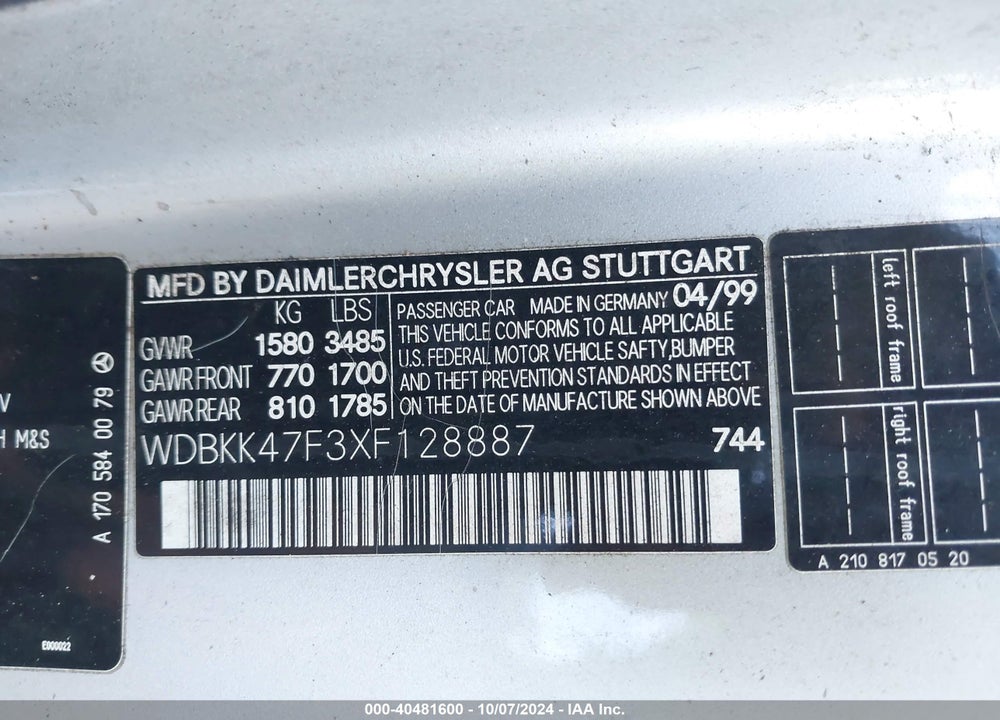 1999 MERCEDES-BENZ SLK 230 KOMPRESSOR VIN: WDBKK47F3XF128887